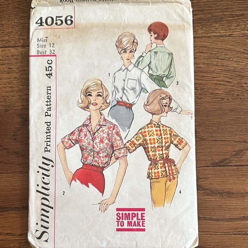 Vintage Early 60s‎ Simplicity Pattern 4056 Women’s Shirt Pattern